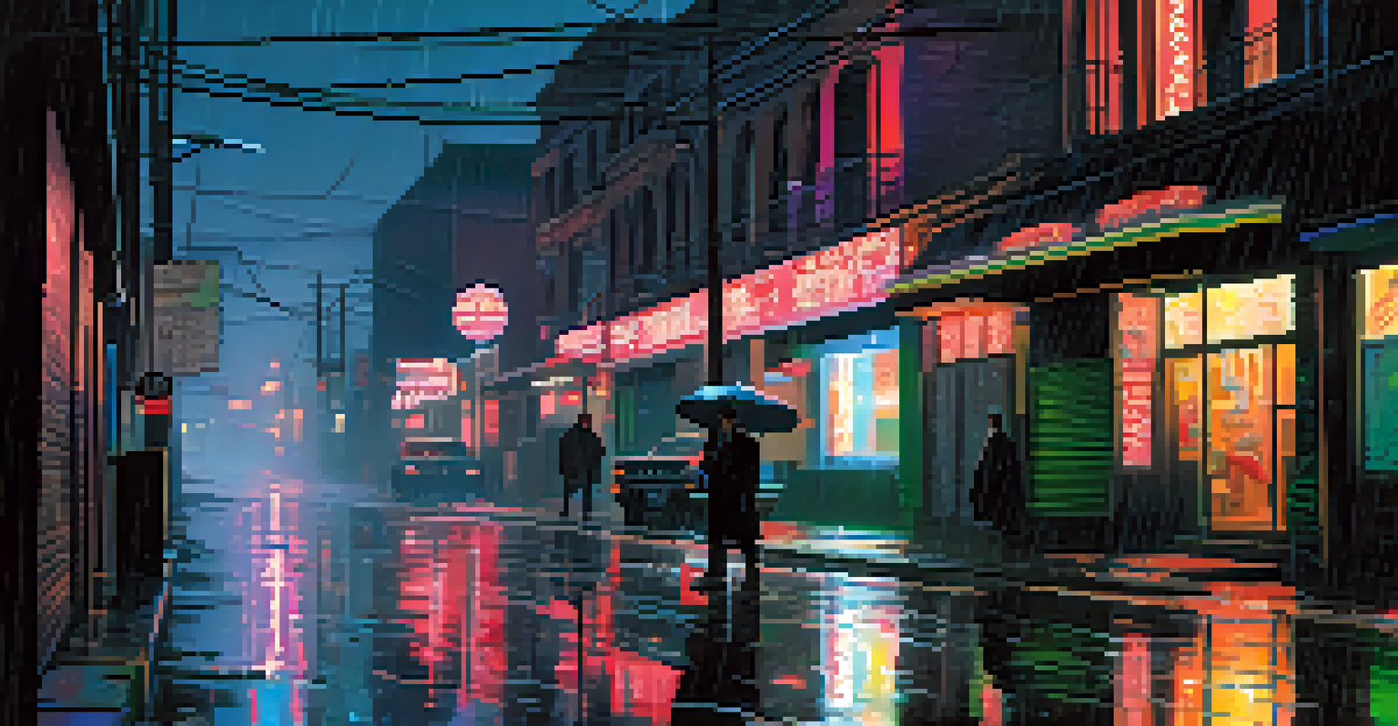 An antihero stands in a rain-soaked alley, illuminated by a flickering neon sign, with reflections creating a moody and tense atmosphere.