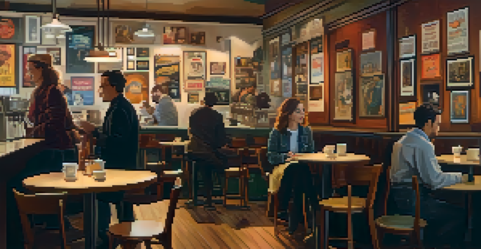 A cozy café interior with warm lighting, featuring diverse individuals discussing films, surrounded by vintage movie posters.
