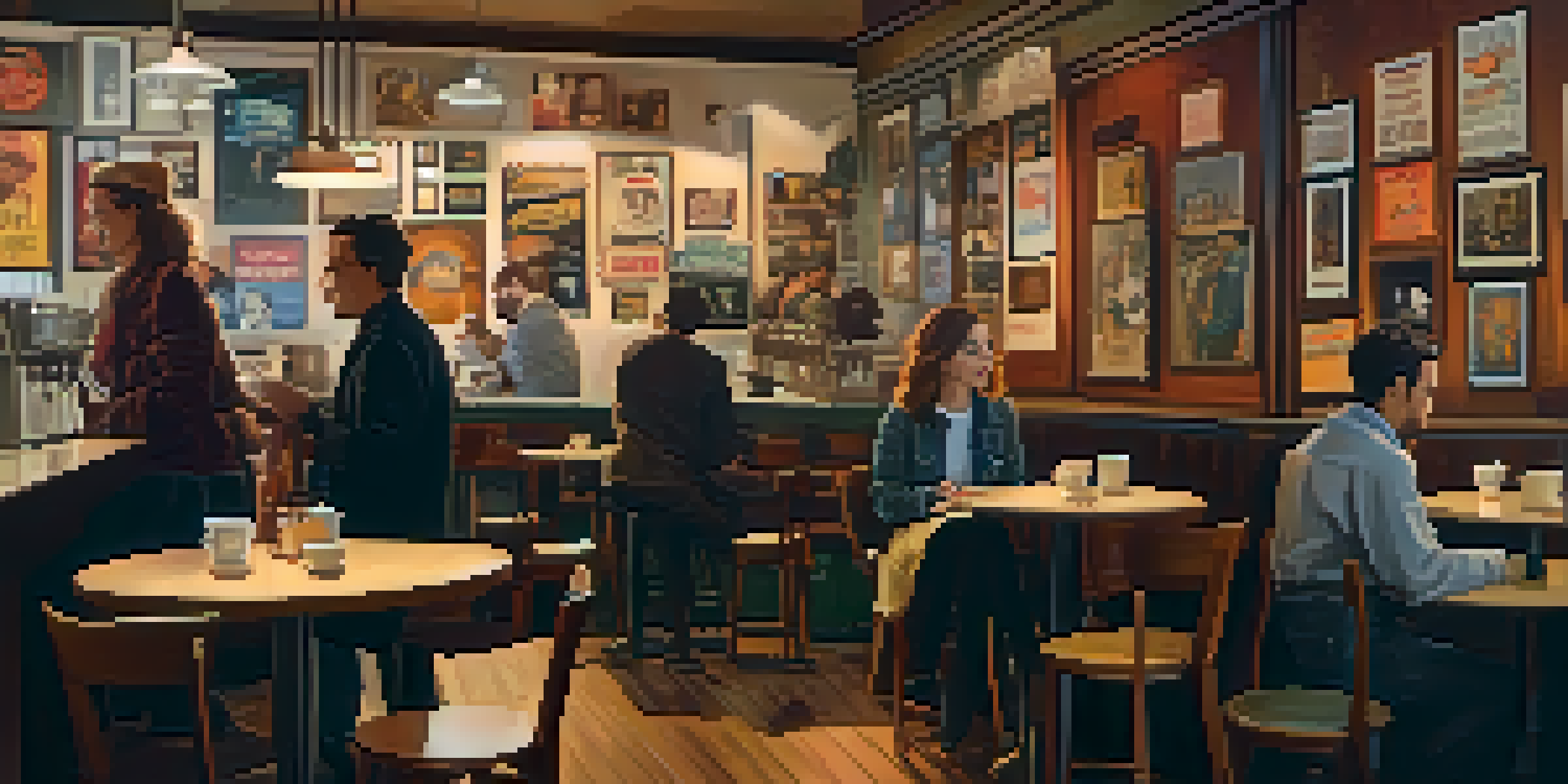 A cozy café interior with warm lighting, featuring diverse individuals discussing films, surrounded by vintage movie posters.