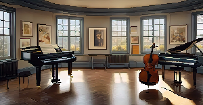A calming film scoring studio filled with musical instruments like a grand piano and violins, with natural light and posters of film scores on the walls.