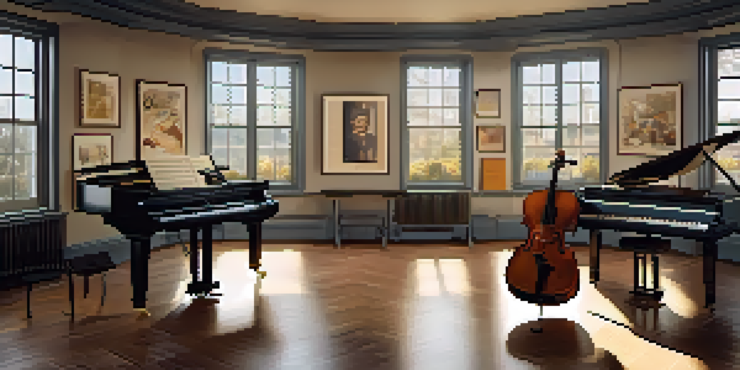 A calming film scoring studio filled with musical instruments like a grand piano and violins, with natural light and posters of film scores on the walls.