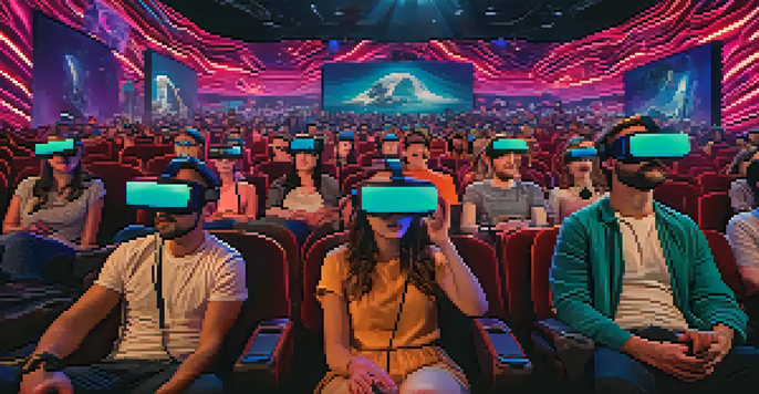 A theater filled with audience members wearing VR headsets, engaged in a colorful virtual reality experience, showcasing varied emotional expressions.