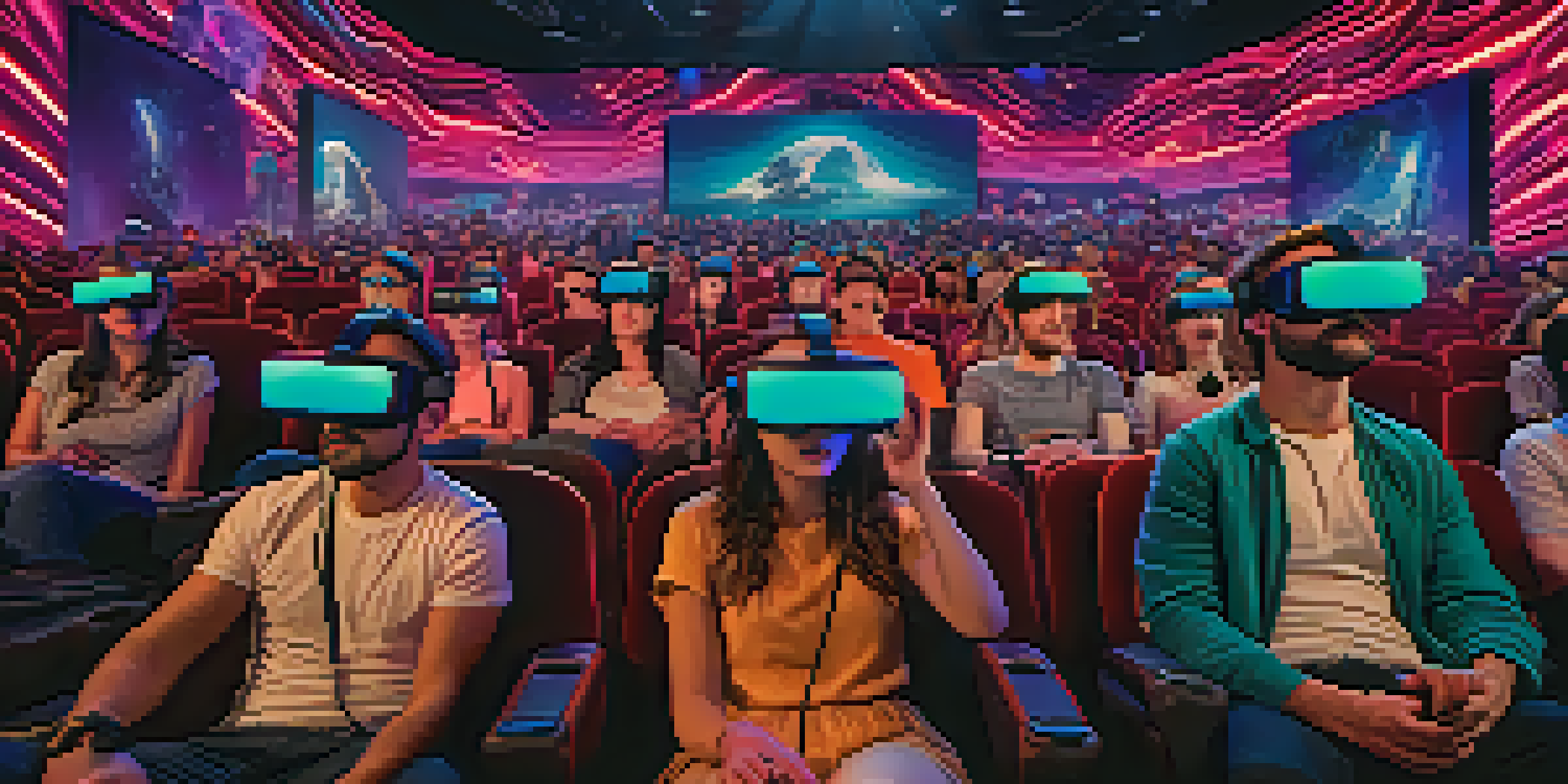 A theater filled with audience members wearing VR headsets, engaged in a colorful virtual reality experience, showcasing varied emotional expressions.