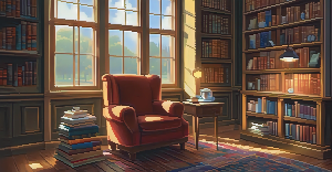 A cozy library with an armchair, colorful books, and a cup of tea, illuminated by warm sunlight.