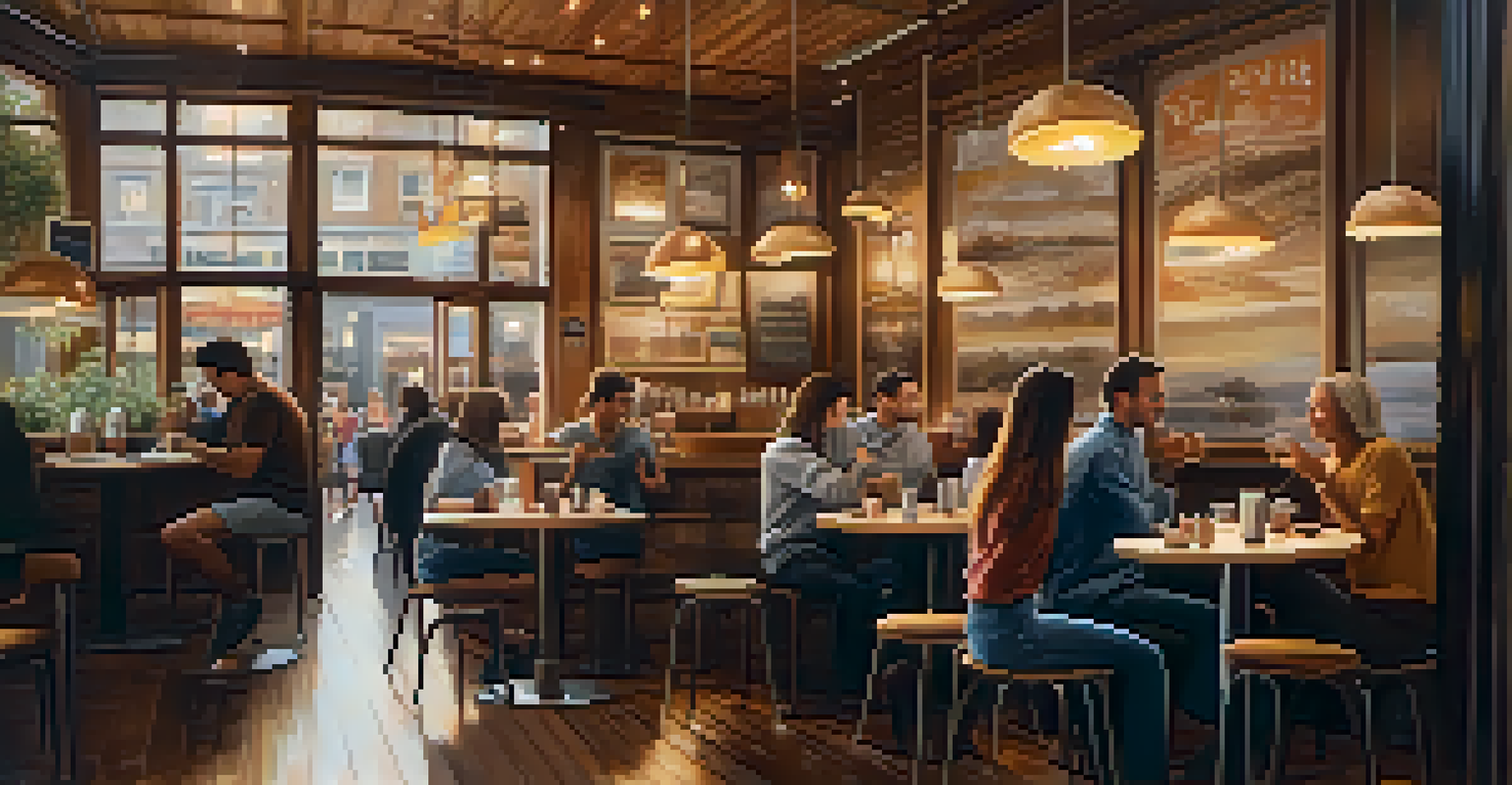 A cozy café scene with patrons chatting, clinking cups, and soft musical notes floating in the air, emphasizing a lively atmosphere.