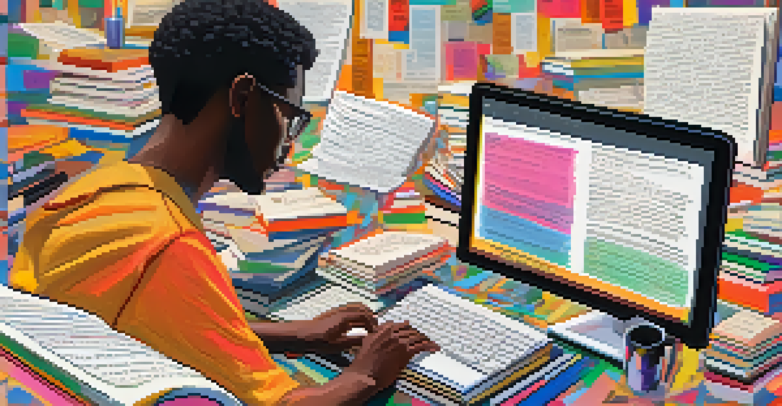 A computer screen displaying a screenplay with colorful annotations, surrounded by books and a notepad.