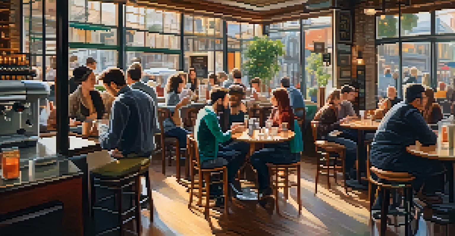 An indoor view of a bustling café with customers chatting and a barista at work.