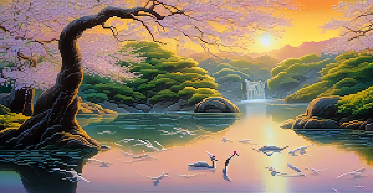 A serene landscape with a river flowing through cherry blossom trees, featuring spirits and mythical creatures in a golden sunset.