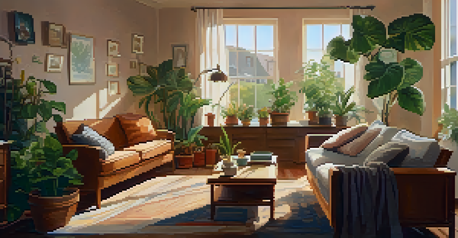 A cozy living room with a person journaling on a couch, surrounded by plants and a cup of tea.