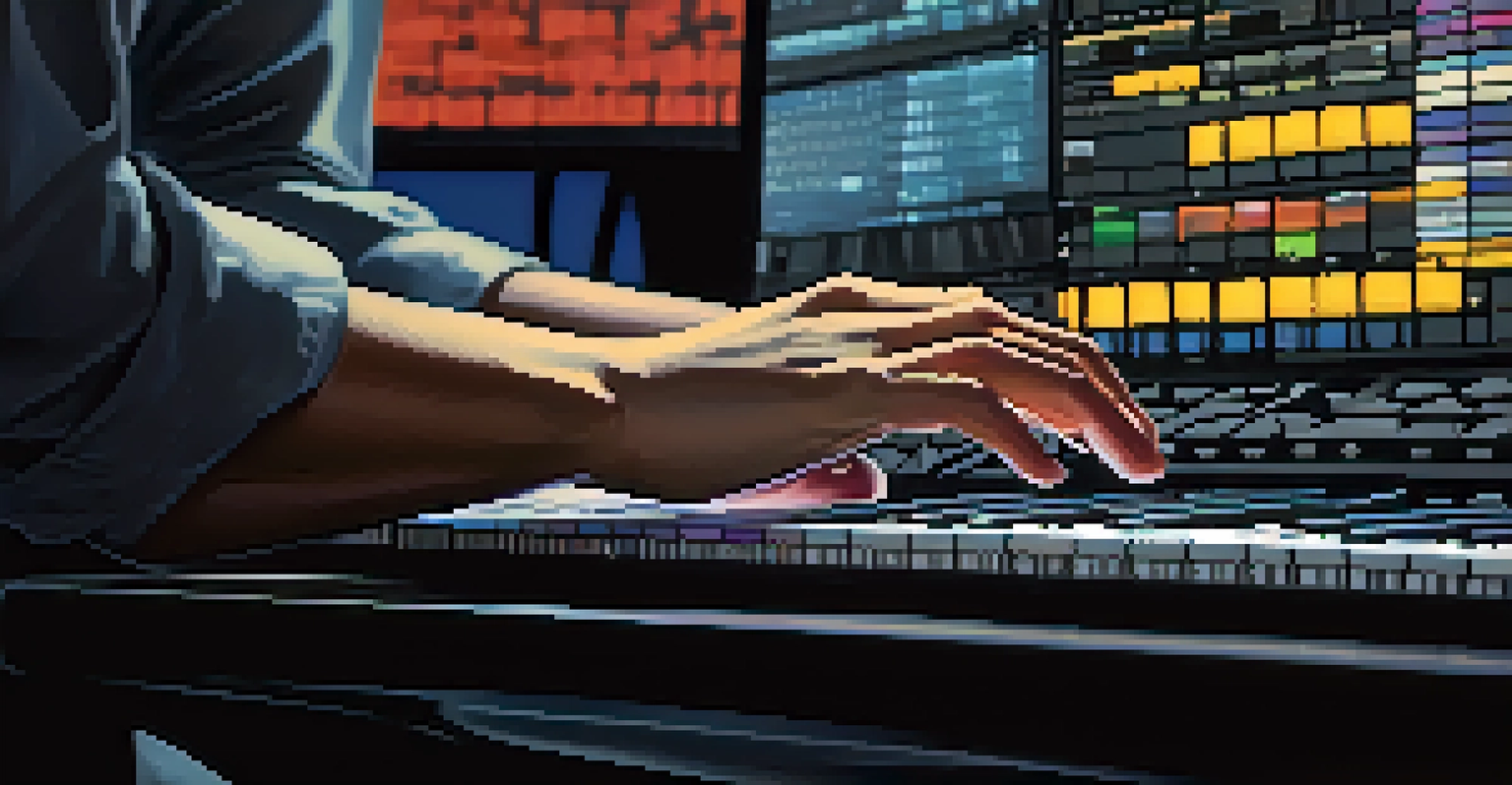 Close-up of a film editor's hands on a keyboard, editing a film on a computer screen with a colorful timeline.