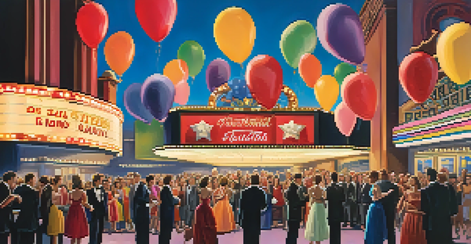 A lively movie theater scene with a crowd dressed up for a premiere, featuring a bright marquee and red carpet decorations.
