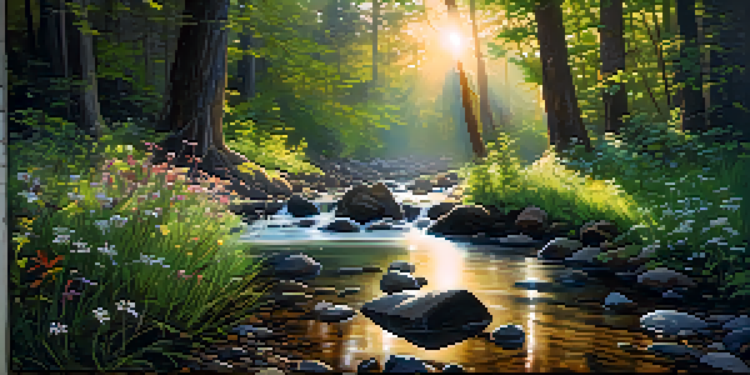 A peaceful forest scene at dawn with sunlight filtering through the trees, a small stream, and colorful wildflowers.
