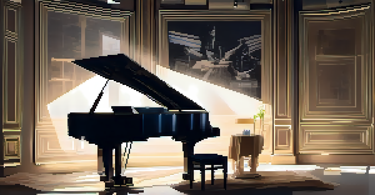 A music composer playing a grand piano in a dimly lit studio filled with music sheets and film posters.