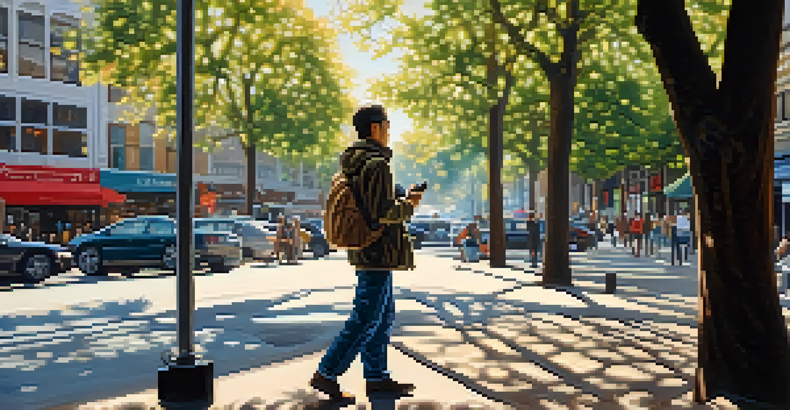 A filmmaker capturing urban life with a camera in a vibrant city setting.