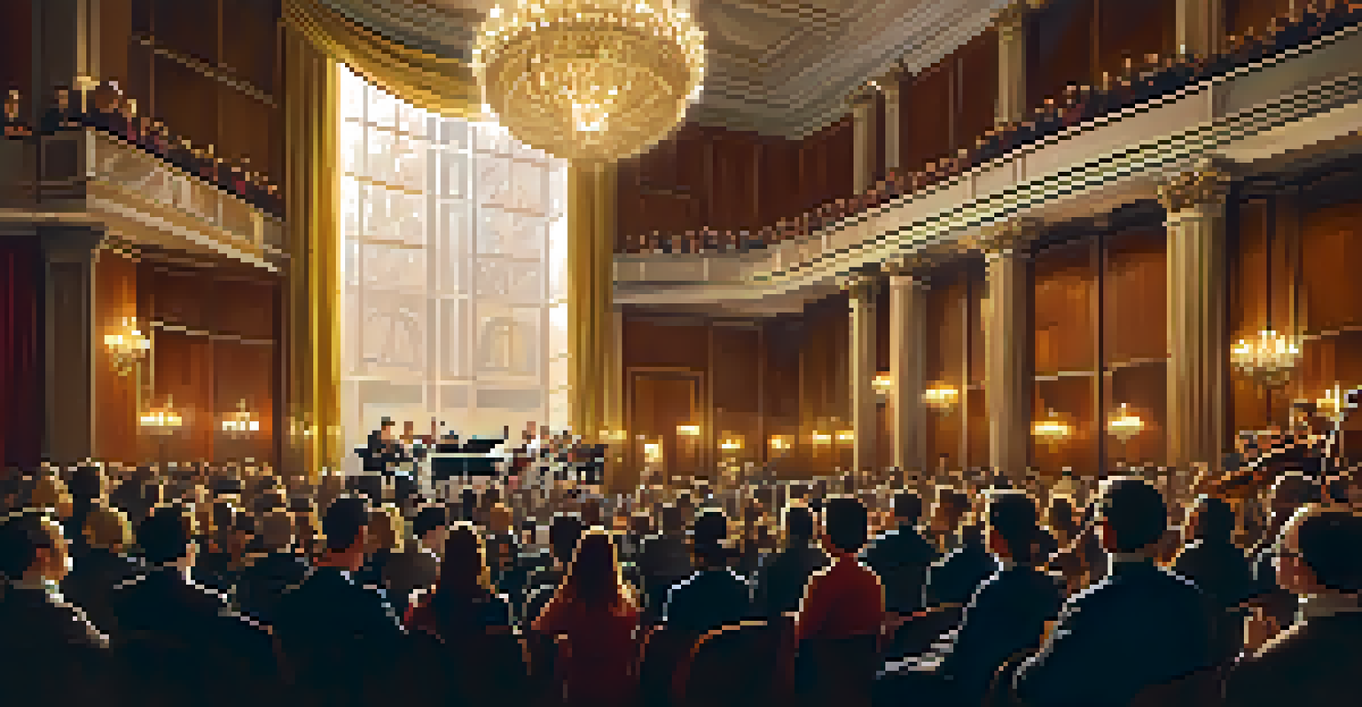 A concert hall with an audience watching an orchestra, featuring musicians and a conductor under warm lighting and ornate decorations.