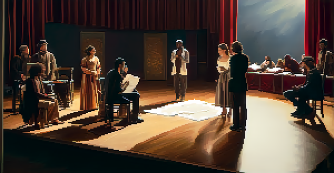 A diverse group of actors discussing in a warm, well-lit theater rehearsal space with a large mirror and stage curtain in the background.
