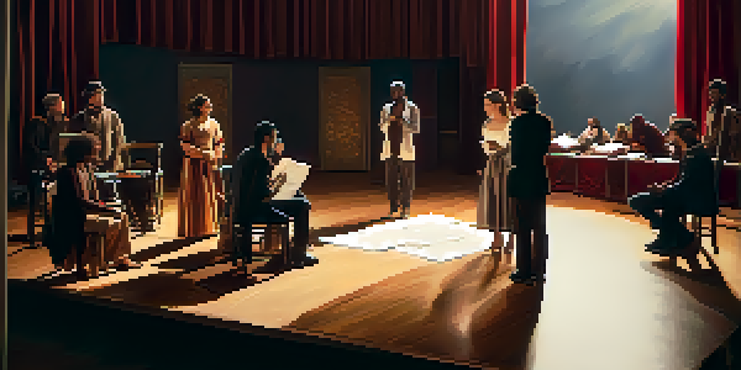 A diverse group of actors discussing in a warm, well-lit theater rehearsal space with a large mirror and stage curtain in the background.
