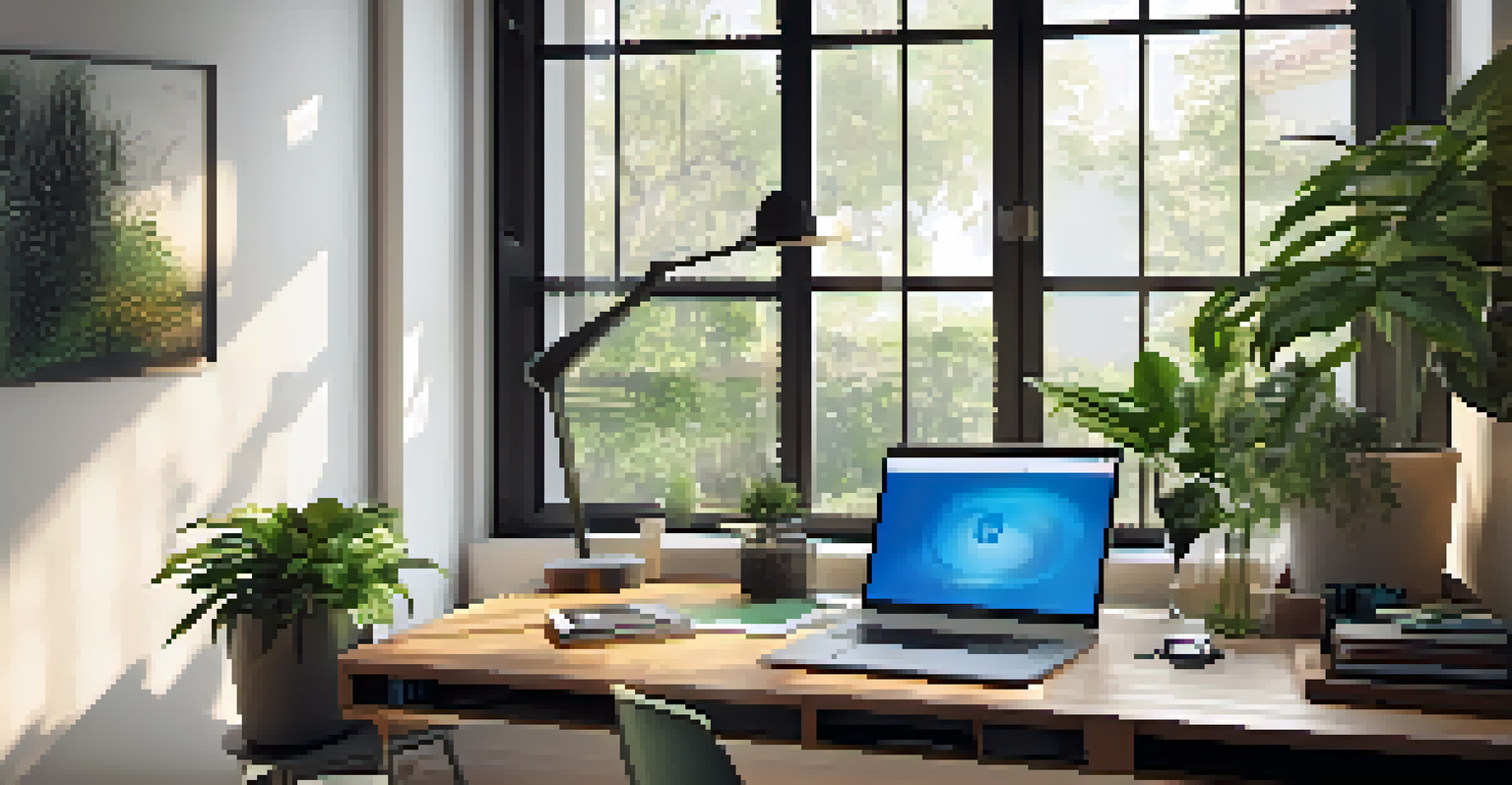A modern home office with a laptop showing a streaming service, bright natural light, and indoor plants for decoration.