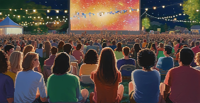 A lively outdoor film festival with a diverse audience enjoying a movie under the stars, with colorful string lights and animated discussions.