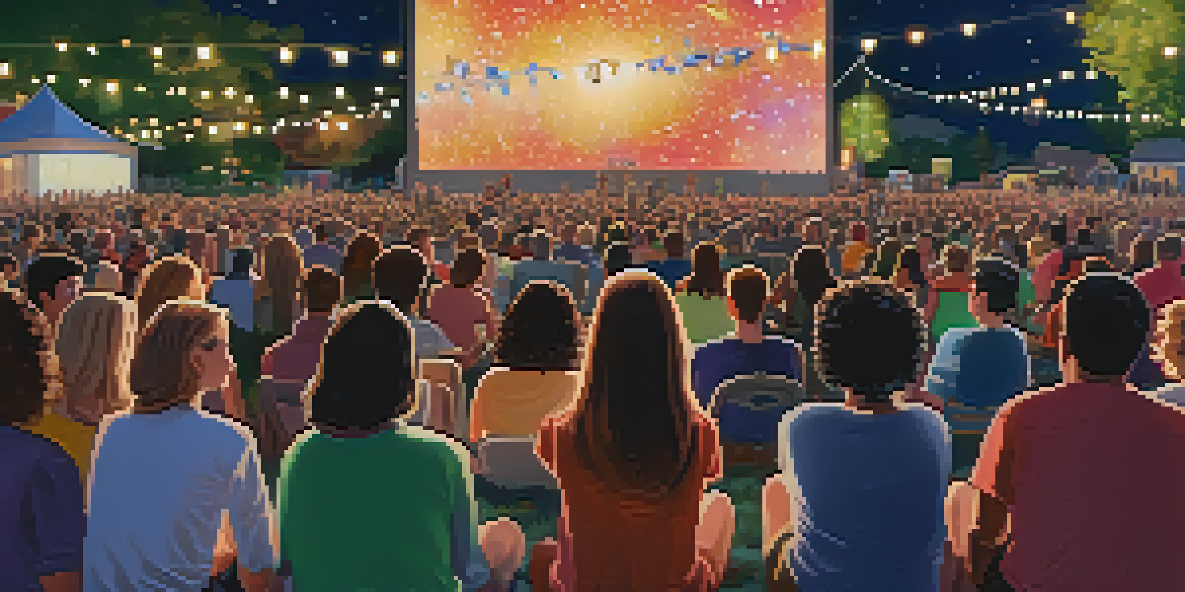 A lively outdoor film festival with a diverse audience enjoying a movie under the stars, with colorful string lights and animated discussions.