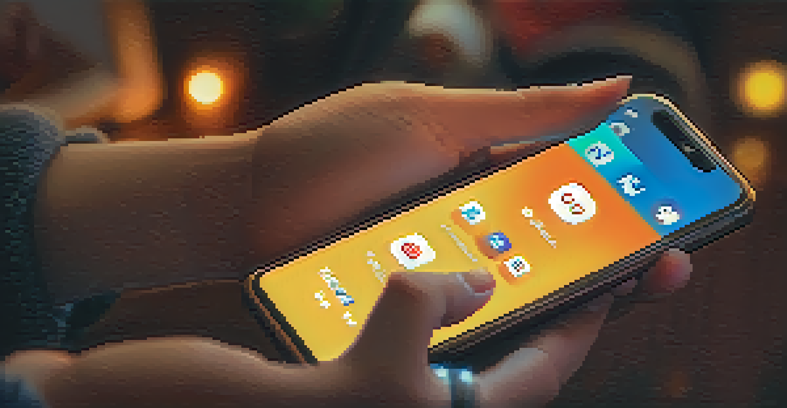 A young person's hands holding a smartphone with social media icons on the screen.