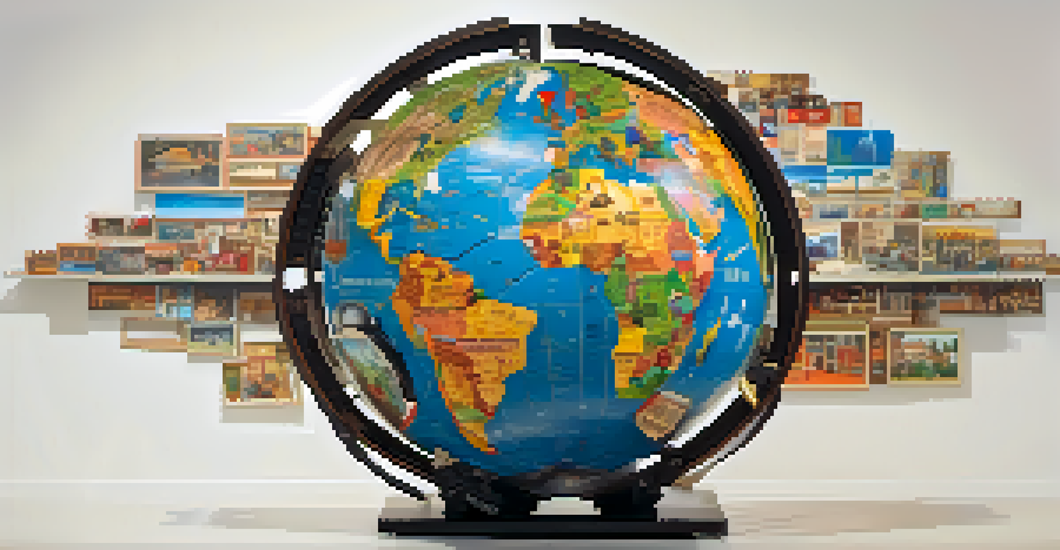 A film reel transforming into a globe, showcasing scenes from various cultures, symbolizing the global impact of cinema.