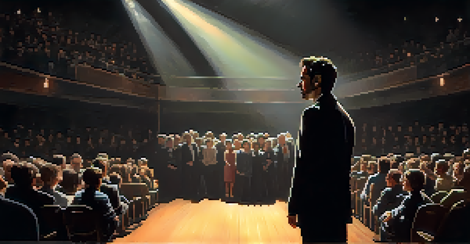 An actor on stage under a spotlight, expressing deep emotion in front of a darkened audience.