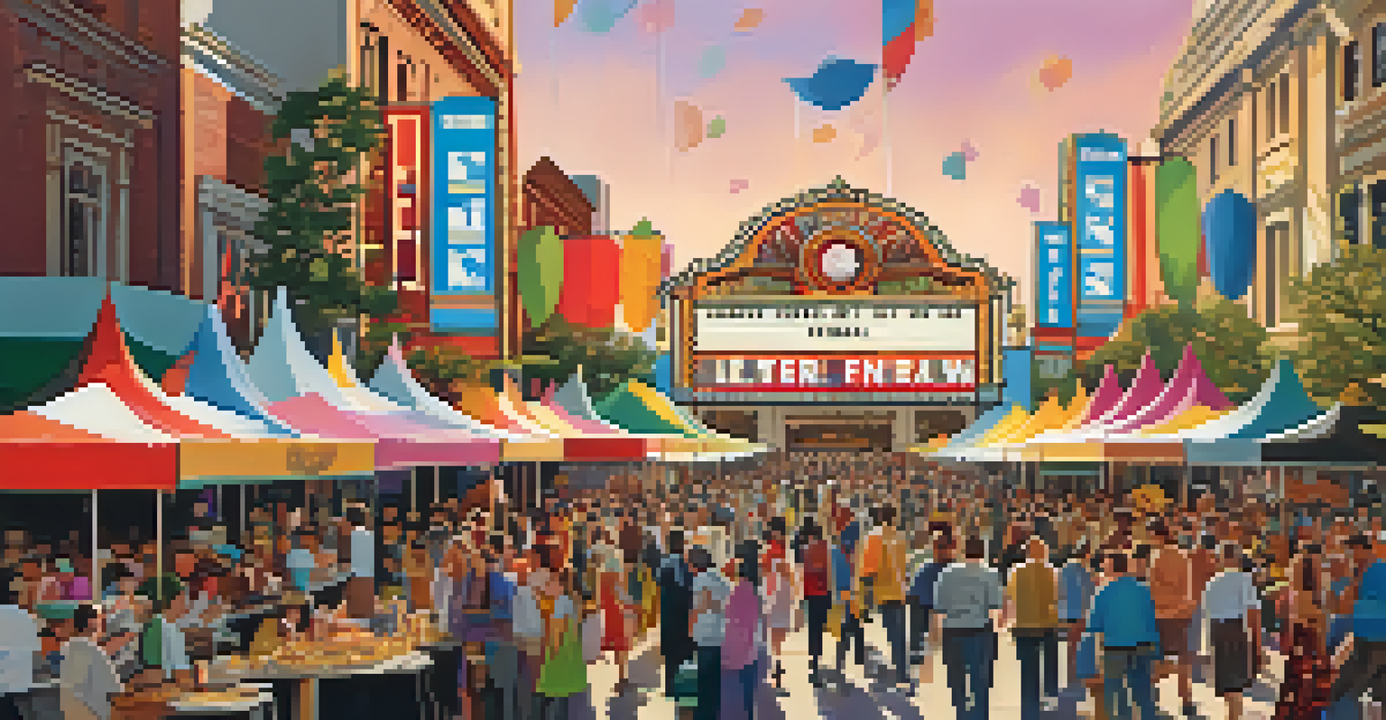 A lively film festival scene with attendees mingling around food stalls and colorful banners in front of a historic theater.