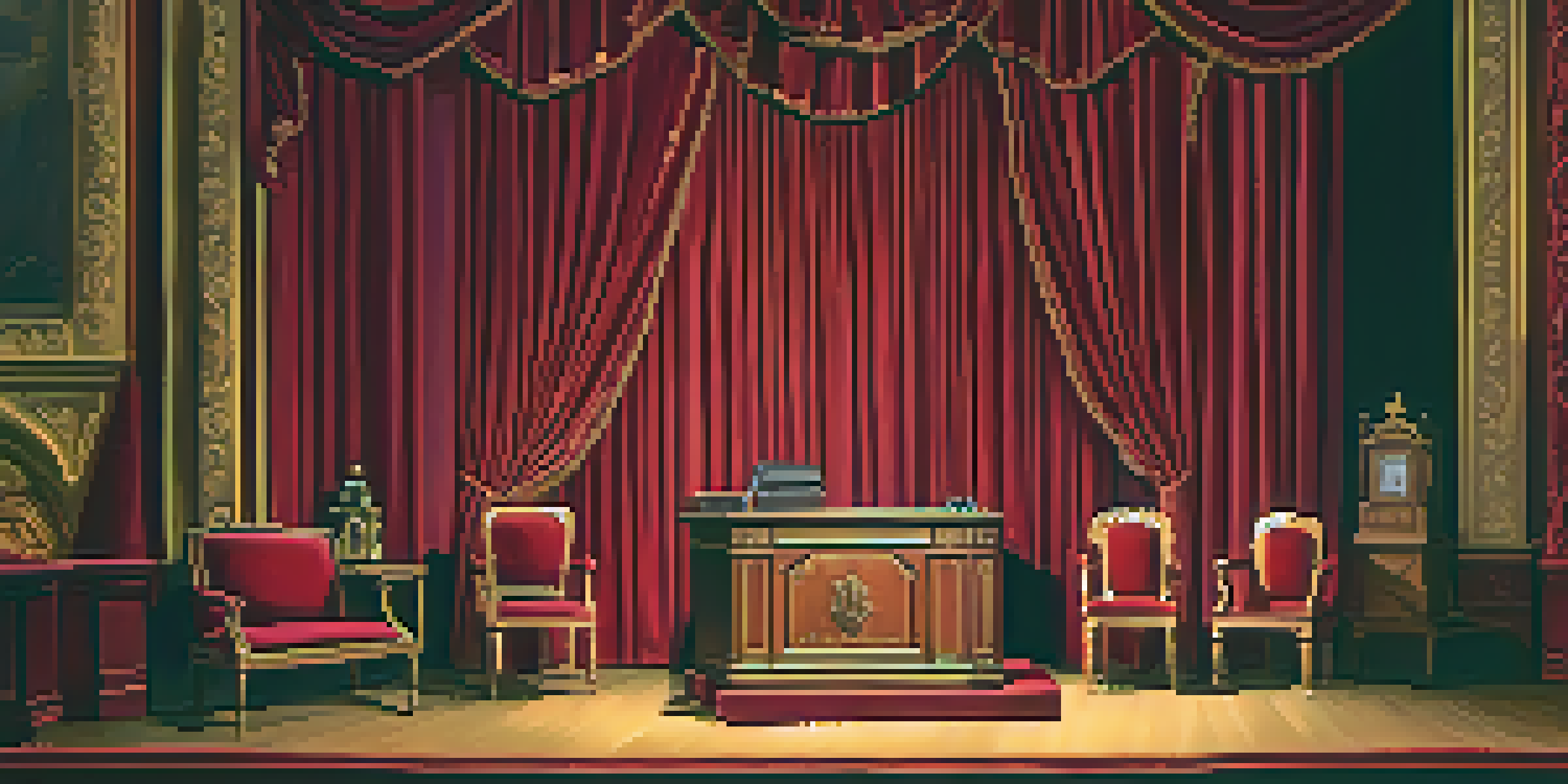A theater stage adorned with red velvet curtains and warm lighting, showcasing props for a classic play.