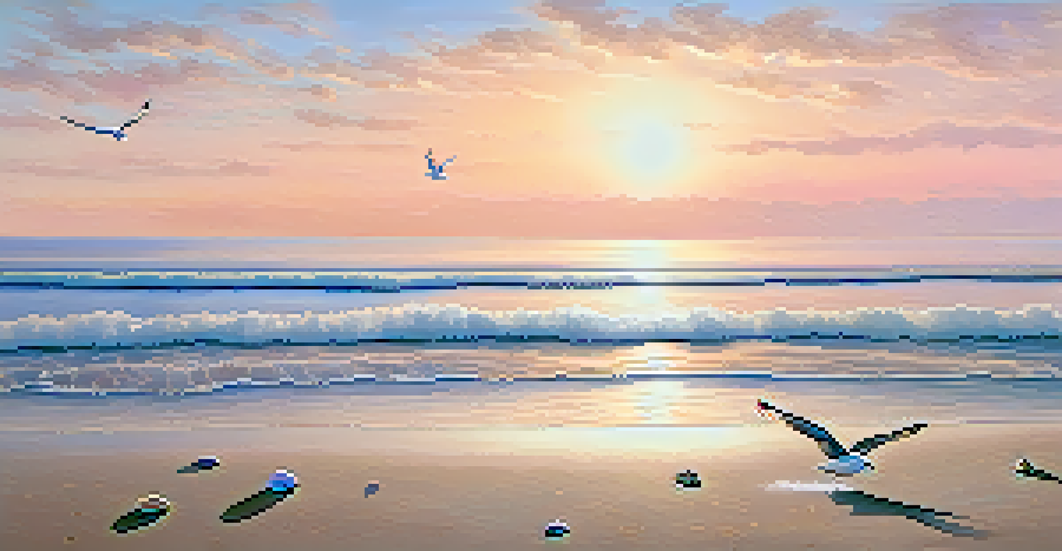 A peaceful beach at dawn, with gentle waves, colorful sky, and scattered pebbles and seashells.