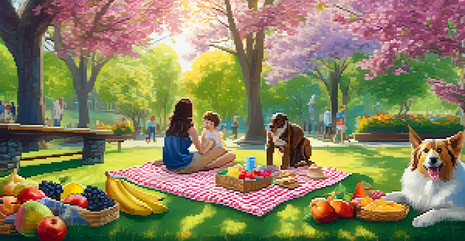 Two friends having a joyful picnic in a sunny park surrounded by flowers and greenery.