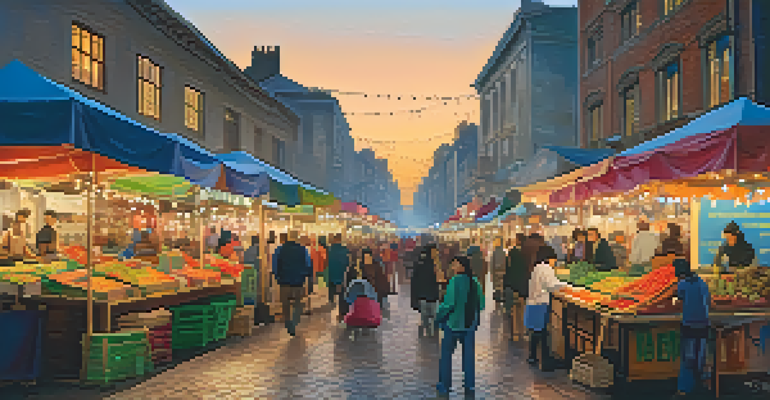 A lively street market at dusk, with colorful stalls, people shopping, and twinkling lights in the background.