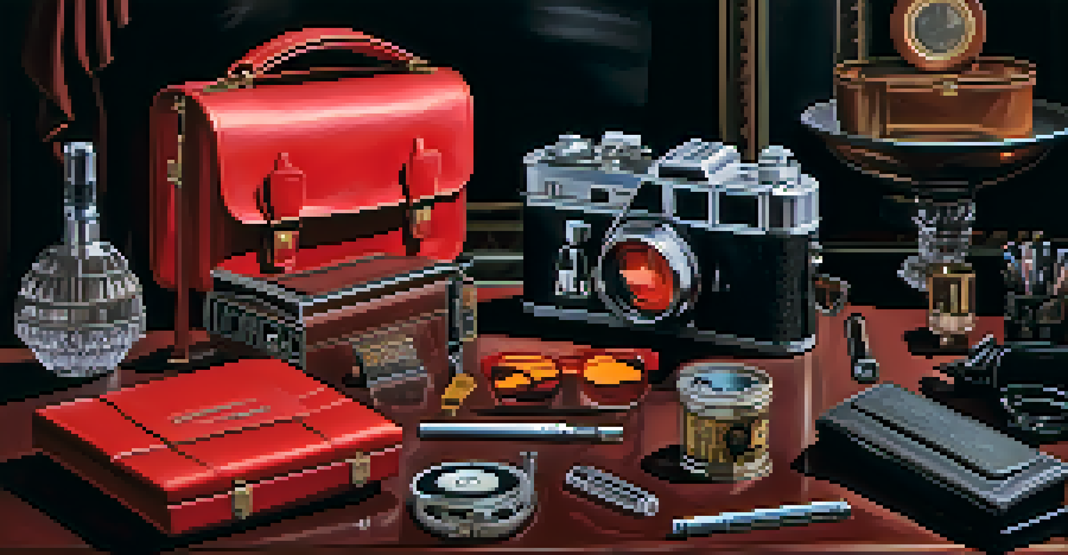 A collection of iconic film props: a red dress, a lightsaber, and an old briefcase, displayed against a dark background with dramatic lighting.