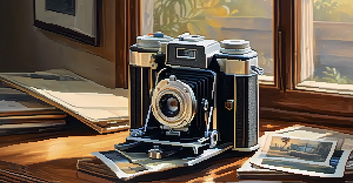 A vintage camera surrounded by old photographs on a wooden table, illuminated by soft sunlight.