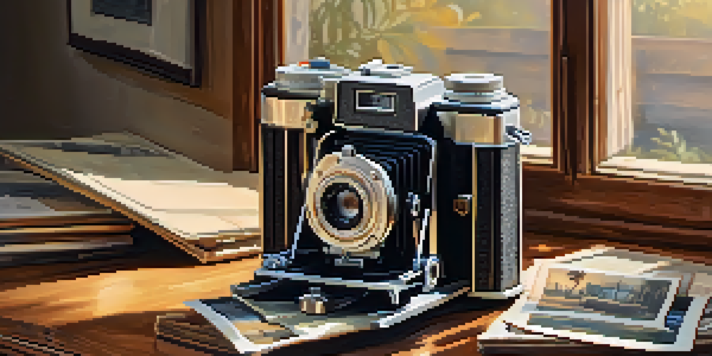 A vintage camera surrounded by old photographs on a wooden table, illuminated by soft sunlight.