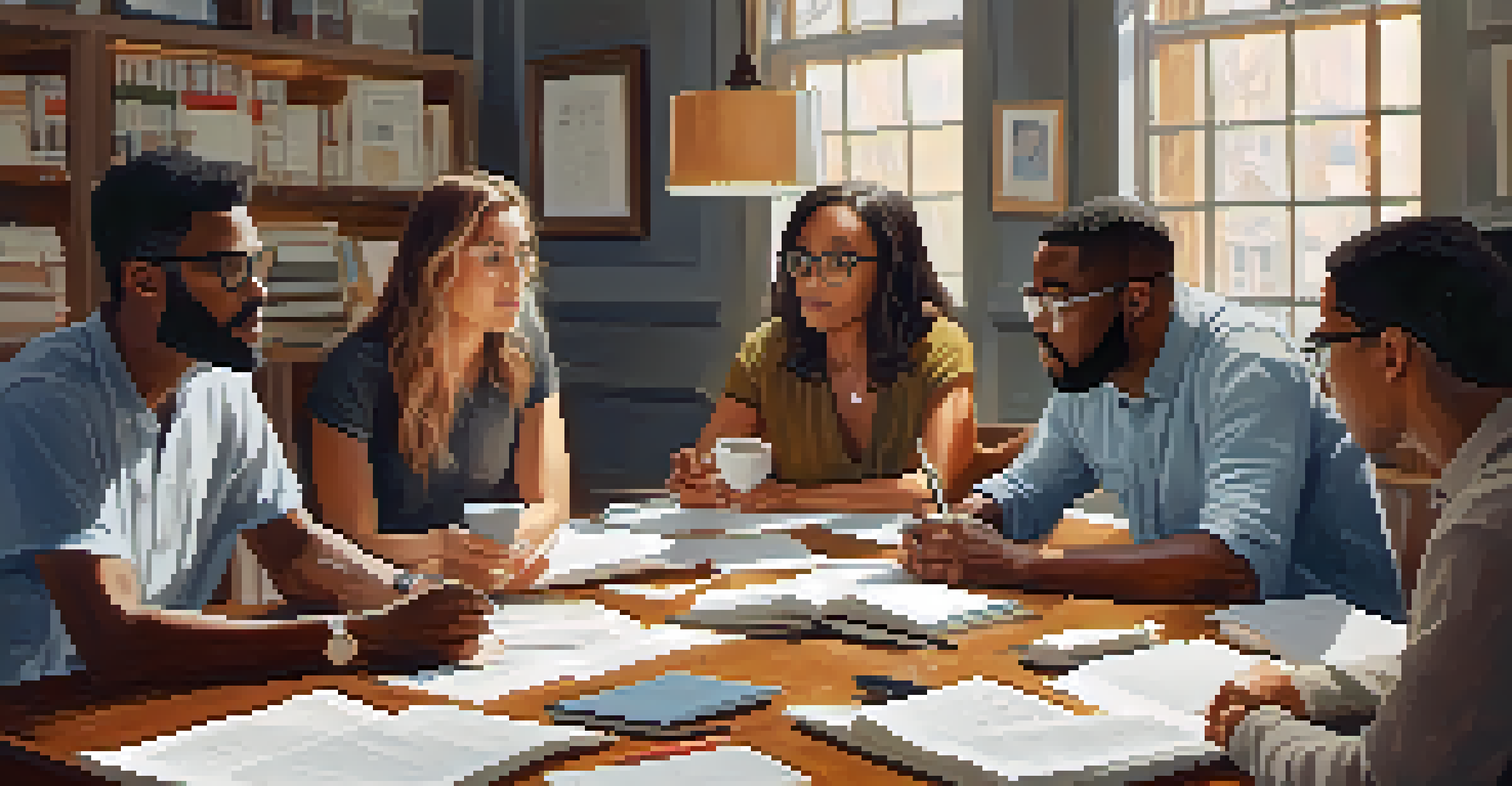 A diverse group of writers in a feedback session, surrounded by papers and laptops, discussing character development.