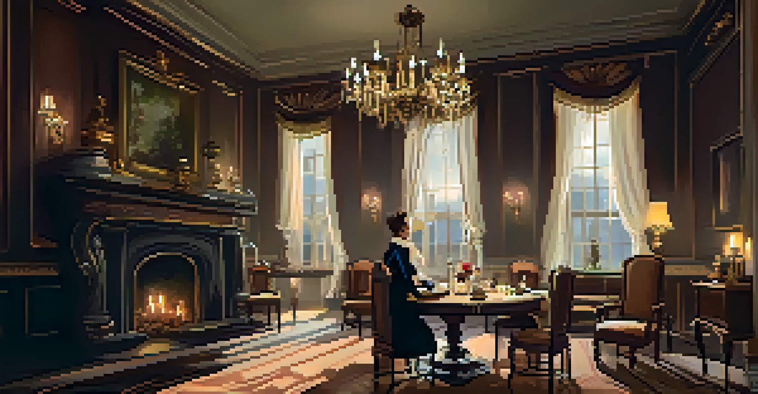 A character in vintage attire examines a clue in a dark, richly decorated Victorian mansion filled with shadows and candlelight, creating a suspenseful atmosphere.