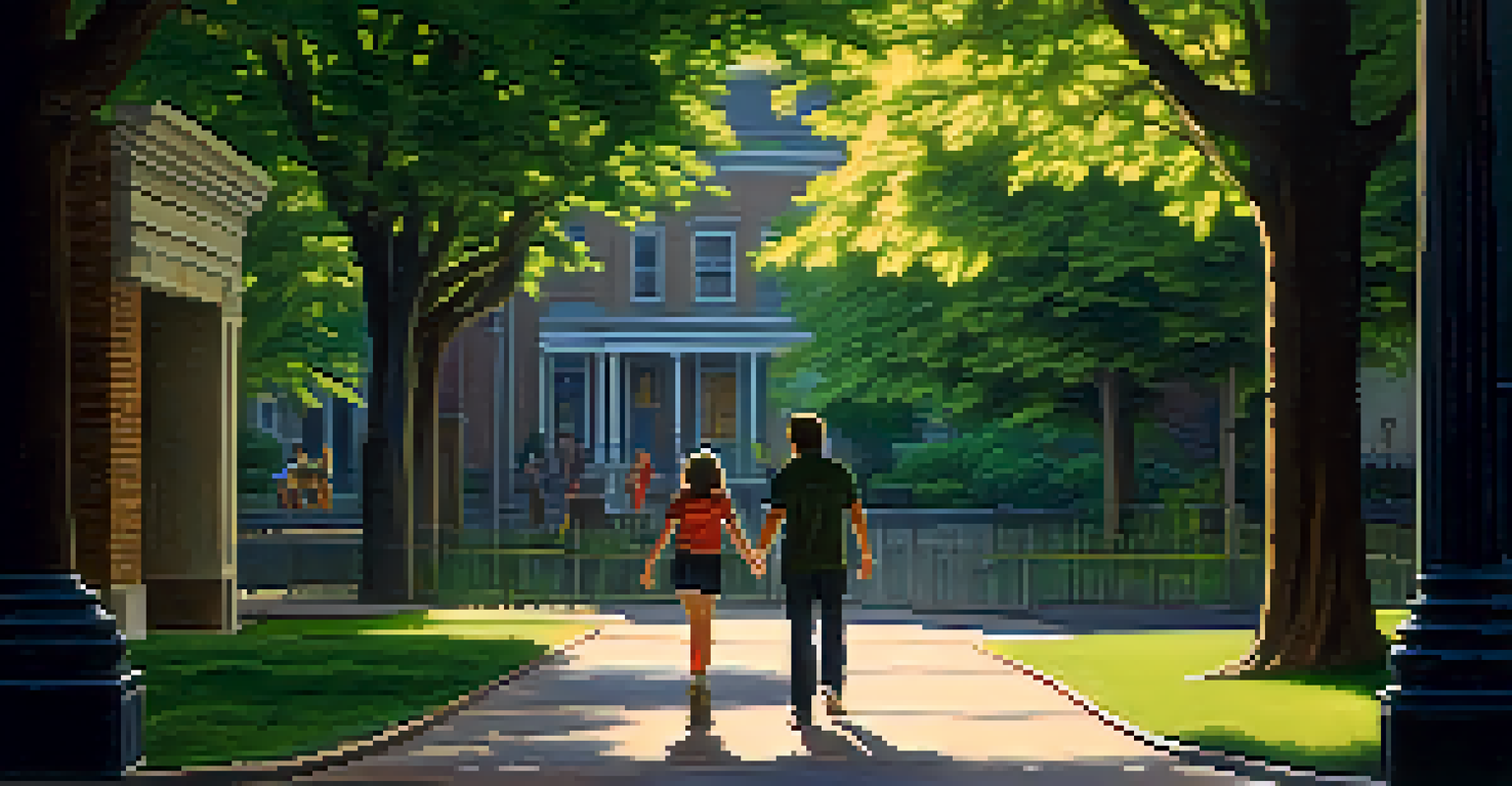 A character moving from a bright park to a shadowy alley, illustrating a shift in emotions.