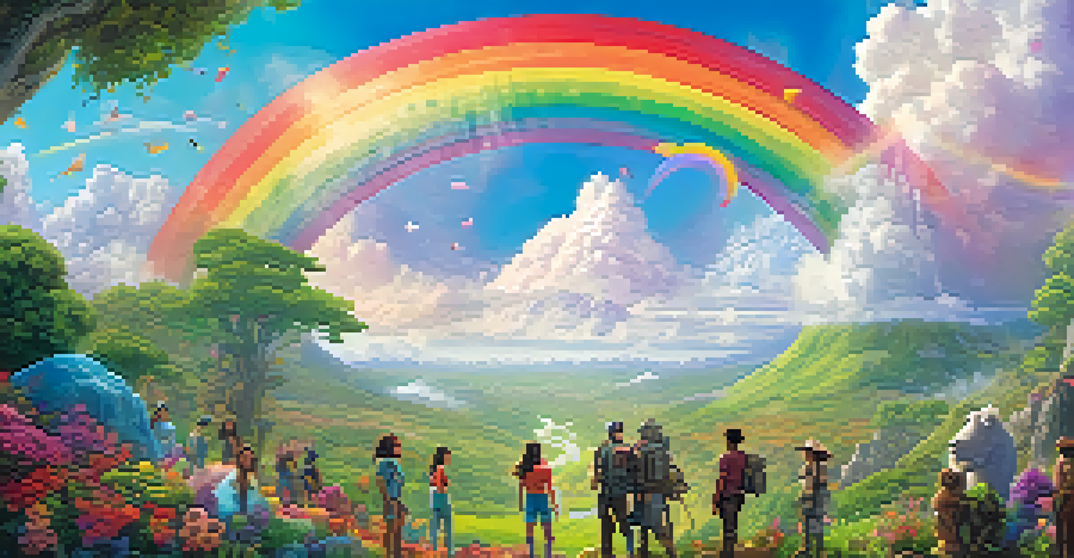A group of diverse characters in a colorful fantasy landscape with flowers and a rainbow.