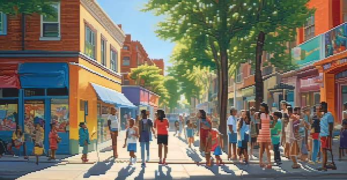 A lively urban setting with people of different backgrounds discussing animatedly, surrounded by bright murals and catchphrases on walls, illuminated by warm sunlight.