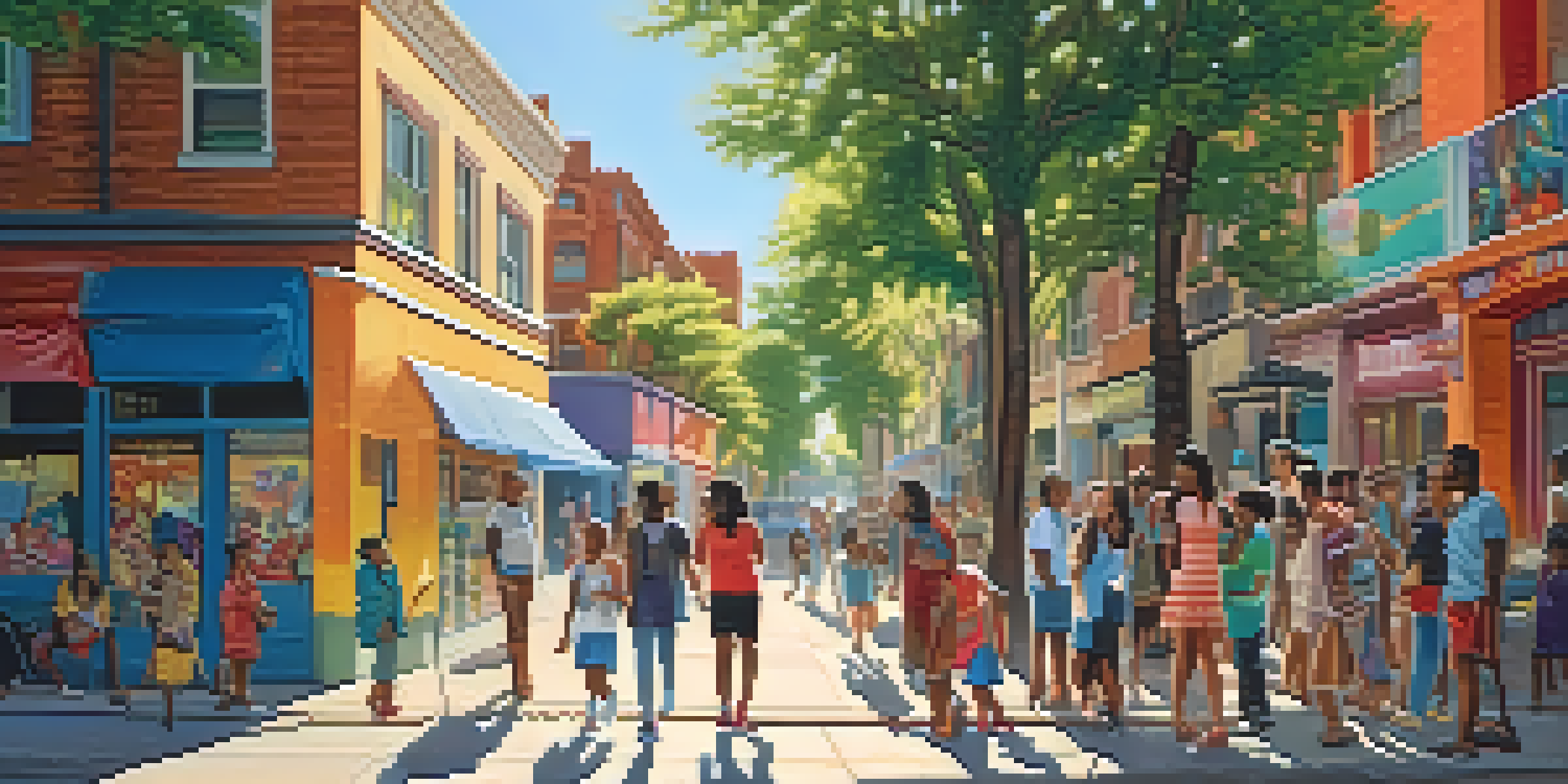 A lively urban setting with people of different backgrounds discussing animatedly, surrounded by bright murals and catchphrases on walls, illuminated by warm sunlight.
