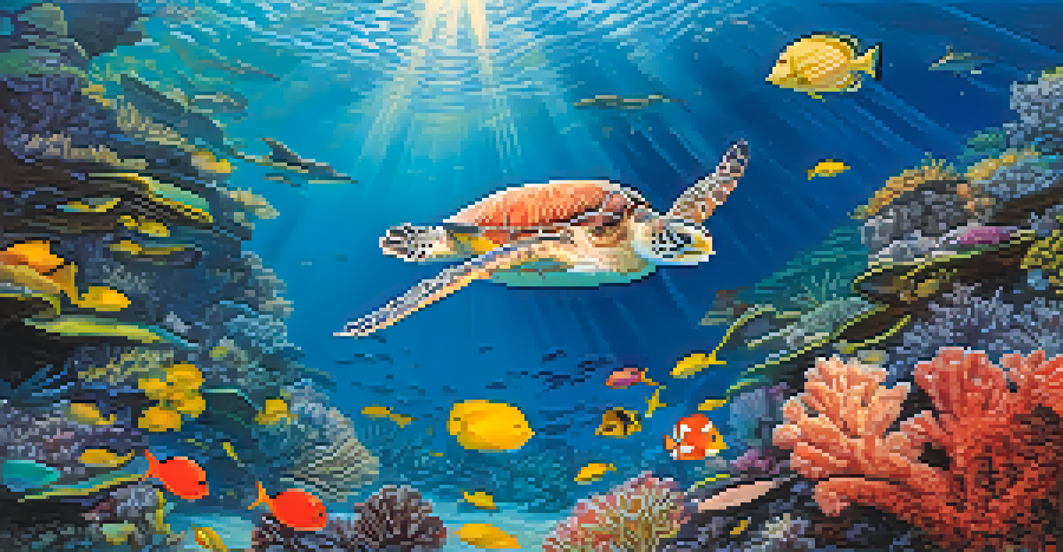 An underwater scene with a coral reef, colorful fish, and a sea turtle swimming.