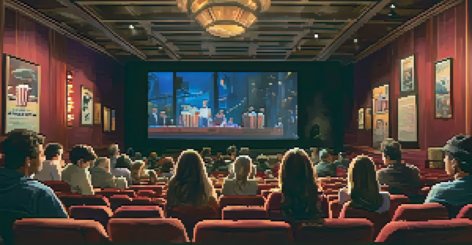 An interior view of a cinema with moviegoers watching a film, surrounded by posters of award-winning movies.