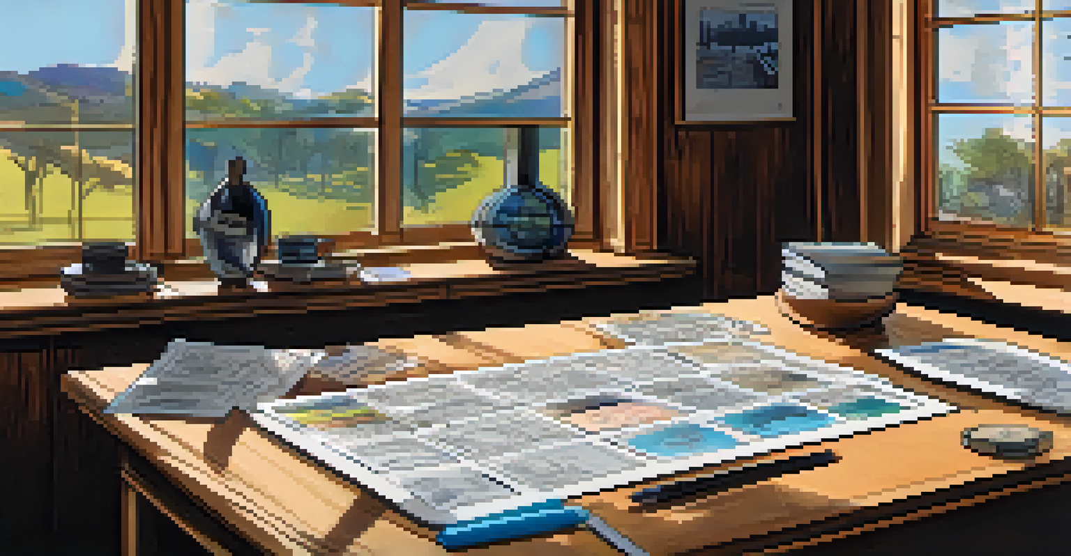 A wooden table with hand-drawn sketches of a film storyboard, surrounded by colorful markers and notes, illuminated by soft natural light.