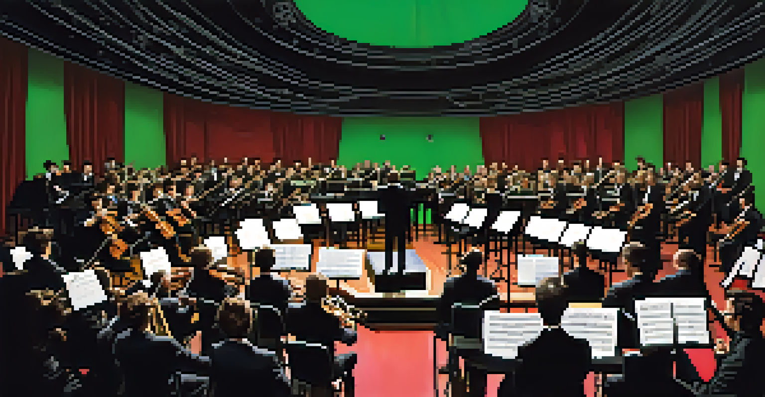 A film composer conducting an orchestra on set, surrounded by bright lights and a green screen, capturing the essence of a blockbuster film.