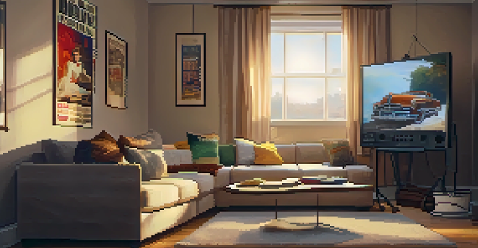 A cozy film set with a vintage projector, a white screen, plush seating, framed movie posters, and warm lighting, creating a nostalgic atmosphere.