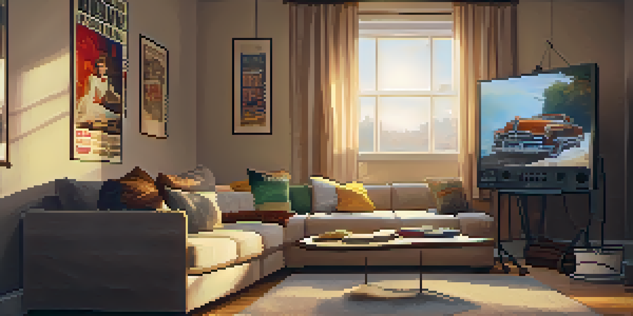 A cozy film set with a vintage projector, a white screen, plush seating, framed movie posters, and warm lighting, creating a nostalgic atmosphere.