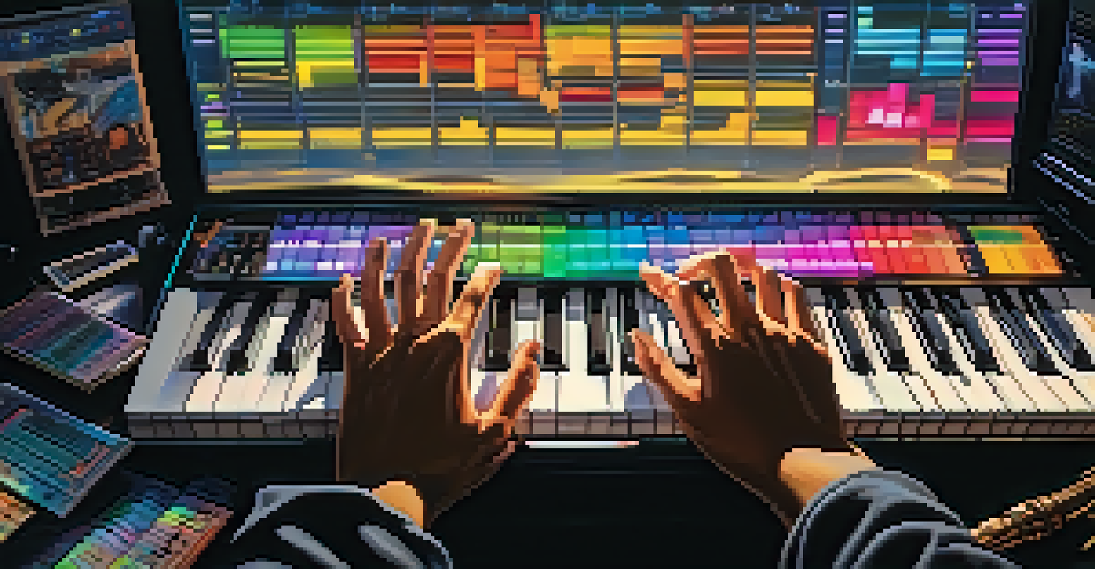 A close-up of a film composer's hands on a keyboard, with musical instruments and a computer displaying music software in a dimly lit room with colorful LED lights.