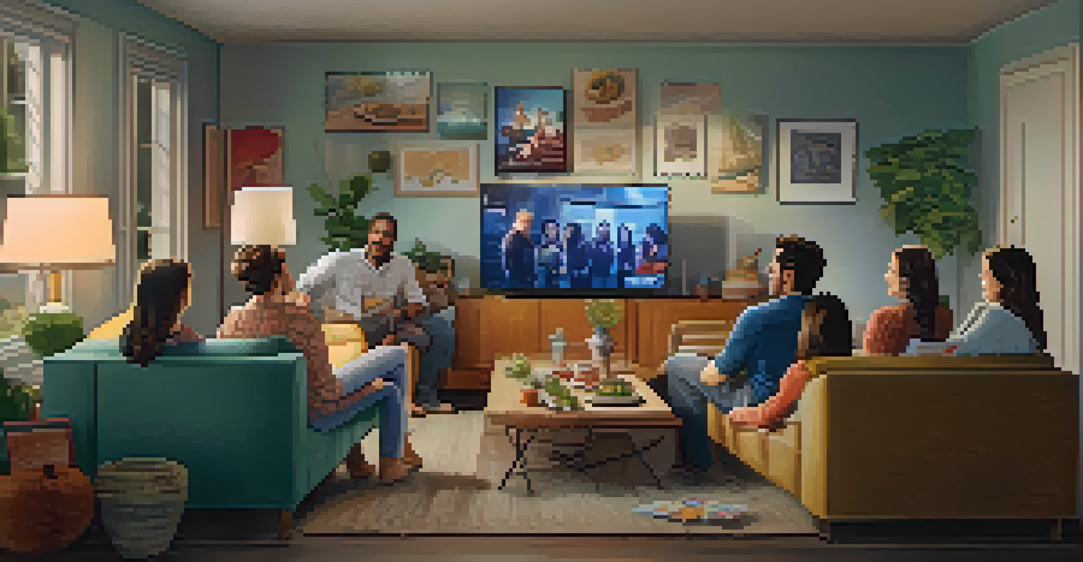 A family enjoying a cinematic universe film together in a cozy living room, with snacks and film posters around them, showing excitement and engagement.