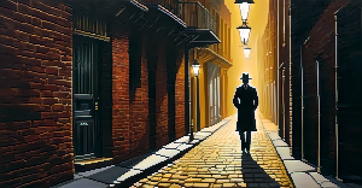 A suspenseful film noir scene with a figure in a fedora standing under a streetlight in a dim alley.